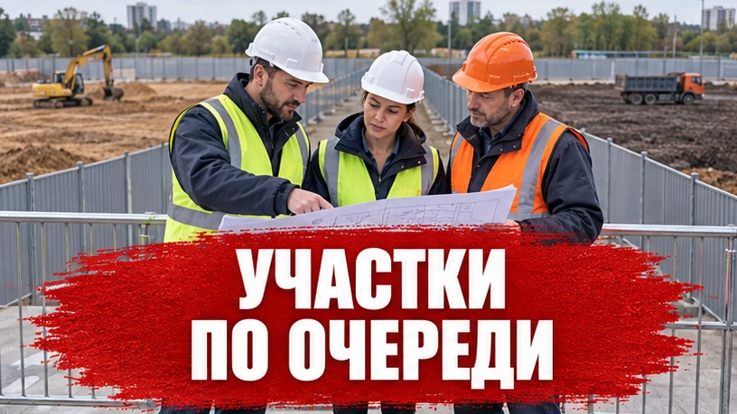 Представители двух бригад и координатор сверяют план перед передачей ограждённого земляного участка