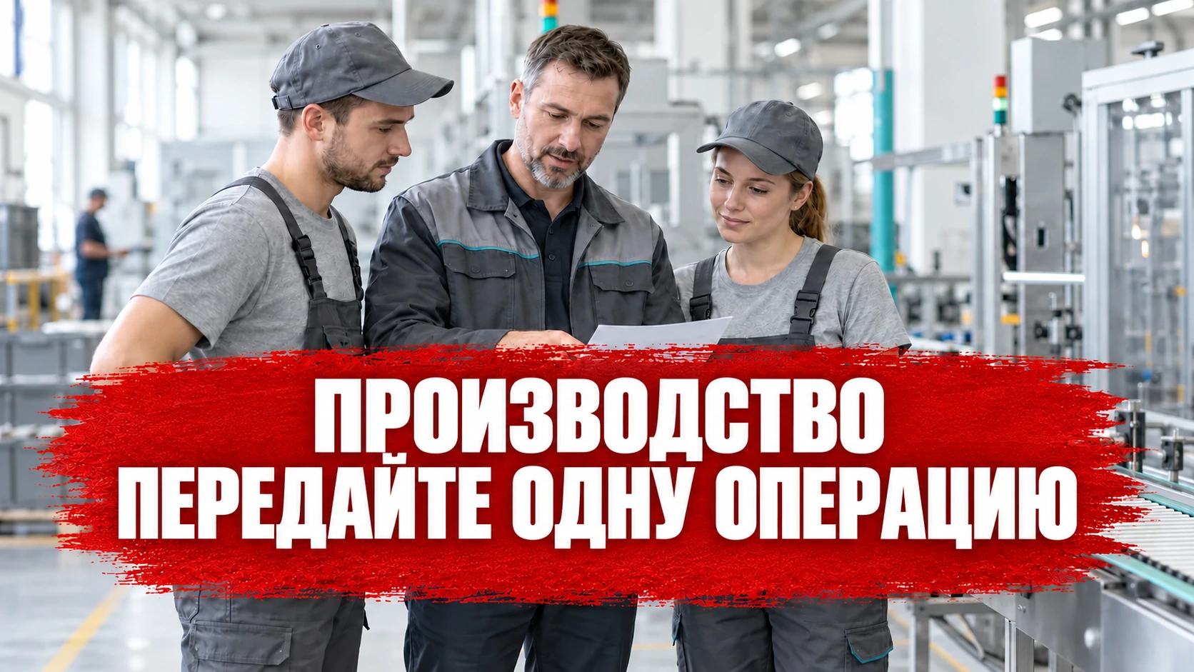 Руководитель и сотрудники производства обсуждают одну операцию; заголовок расположен по центру красной плашки