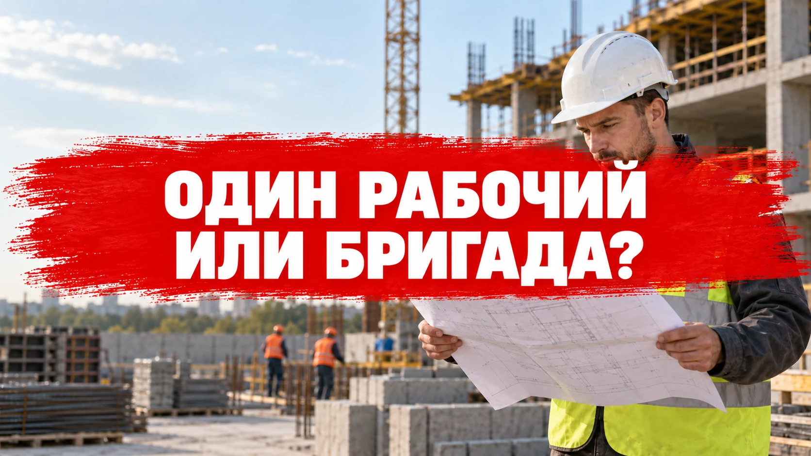 Центрированная обложка «Один рабочий или несколько?»; прораб сверяет две рабочие зоны на строительной площадке