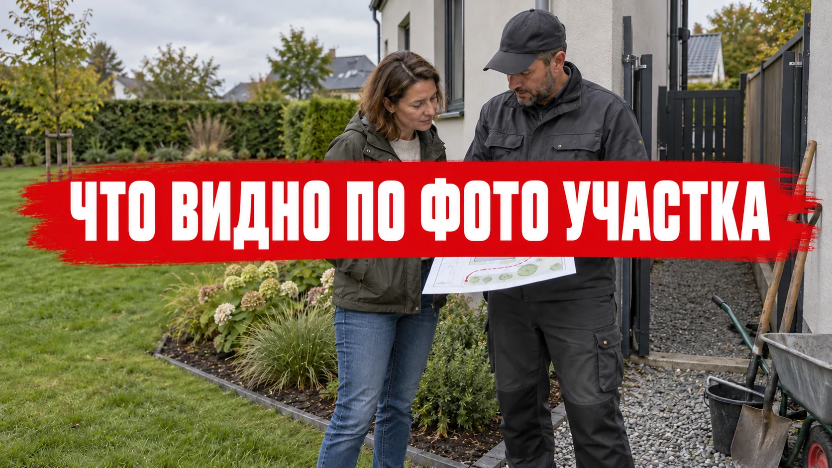Заказчик и рабочий сверяют маршрут ручной копки на плане рядом с узким проходом; концептуальная иллюстрация