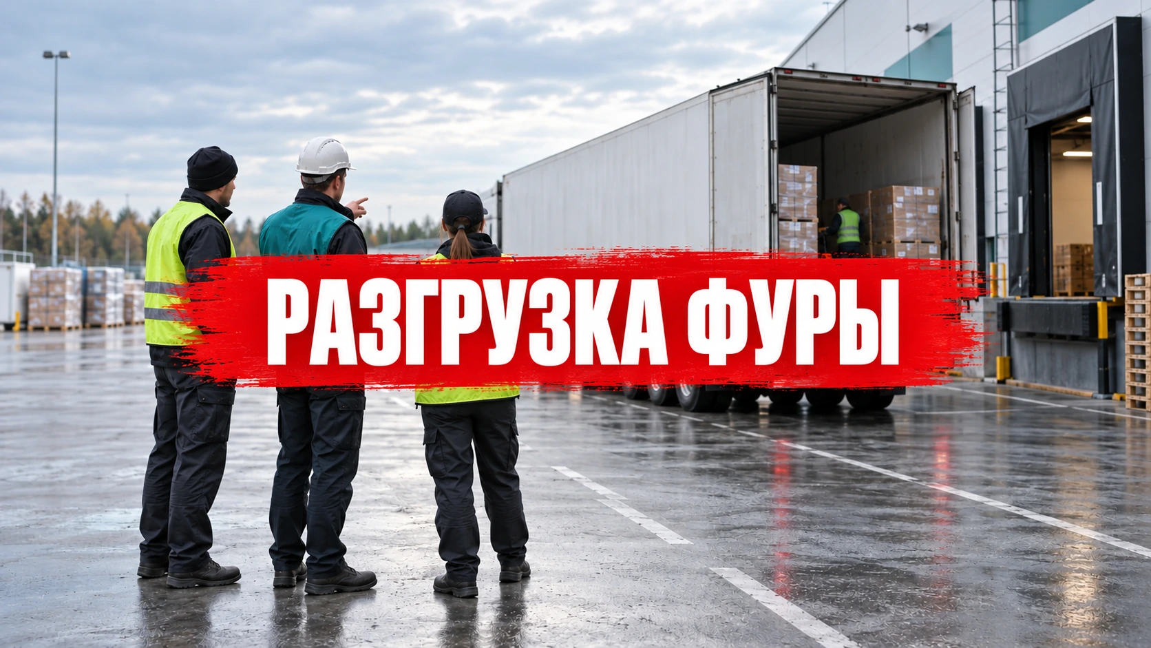 Обложка «Разгрузка машины и фуры: как рассчитать состав бригады»: концептуальная иллюстрация с названием по центру
