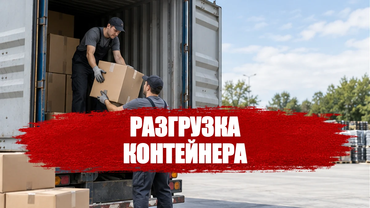 Рабочие передают коробки из открытого грузового контейнера