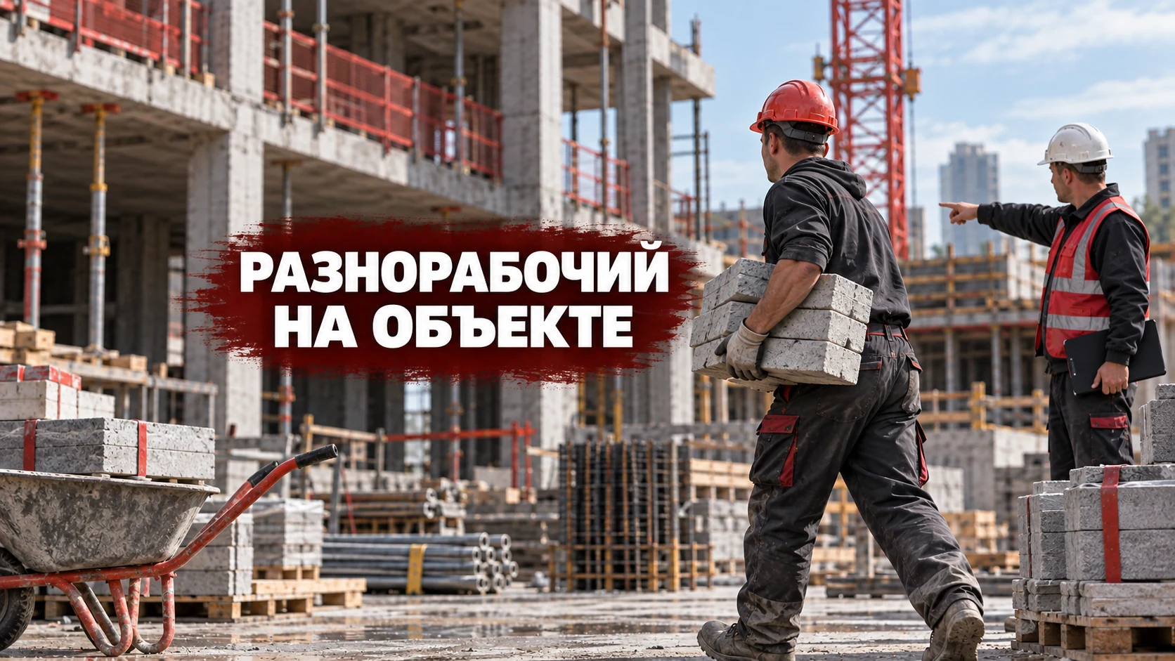 Обложка статьи: разнорабочий на объекте переносит материалы в отмеченную зону