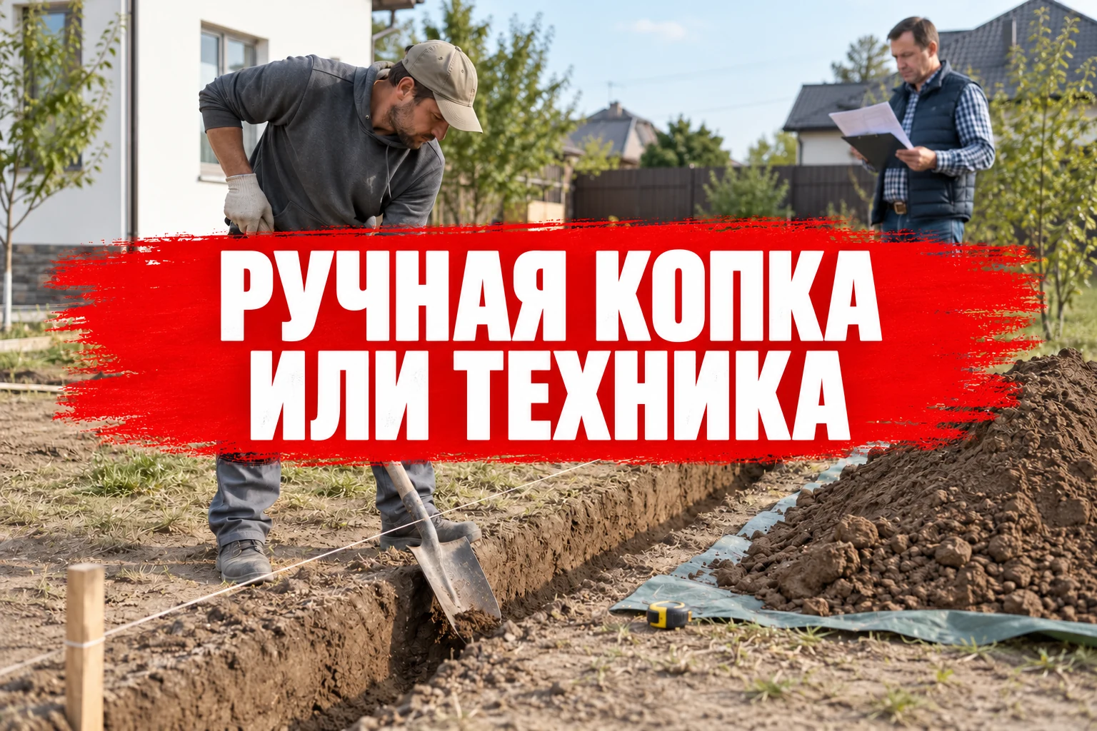 Рабочий вручную копает размеченную траншею, рядом второй человек сверяет план участка; концептуальная иллюстрация