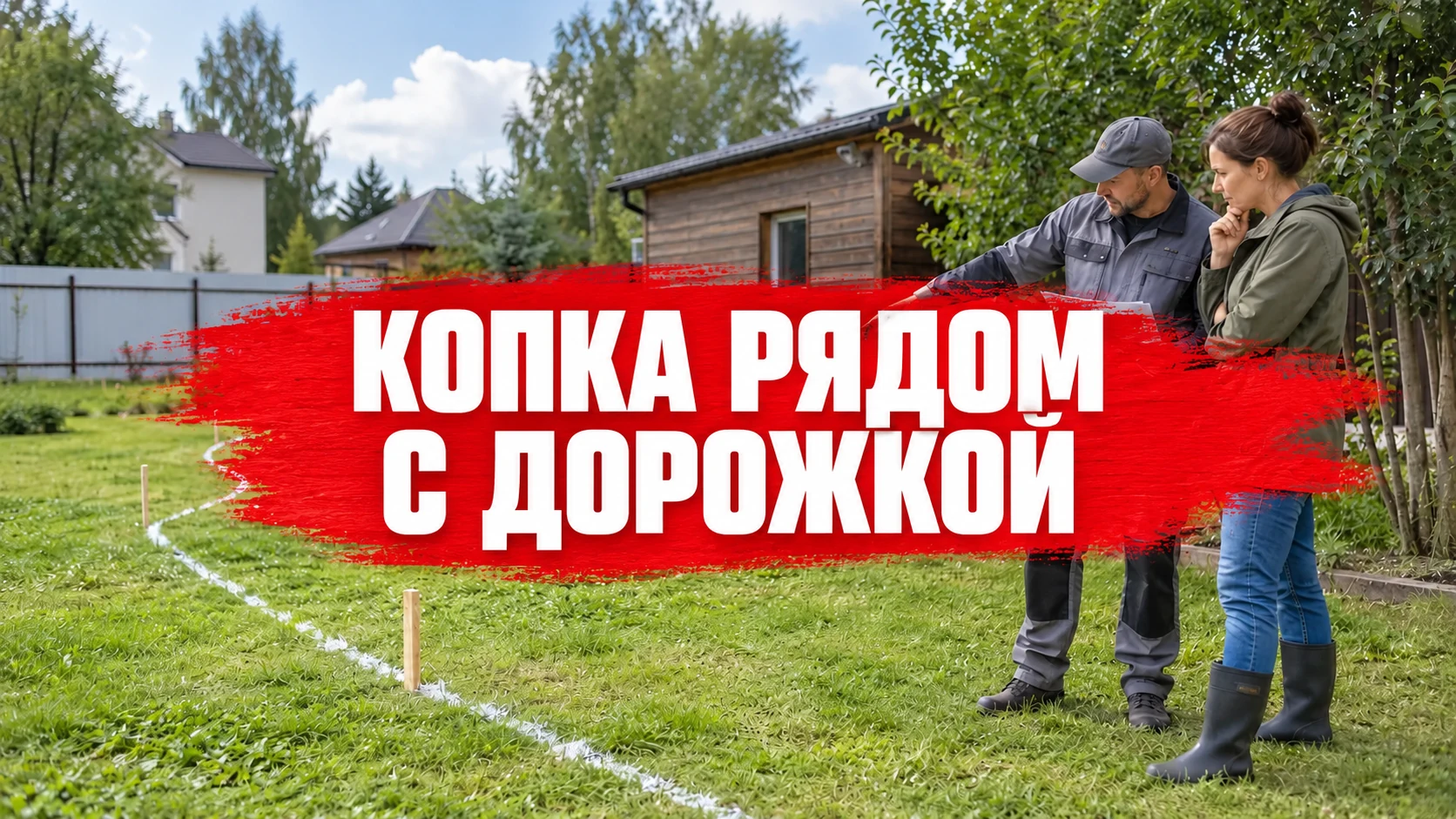 Заказчик и рабочий обсуждают отмеченный маршрут траншеи на участке; концептуальная иллюстрация