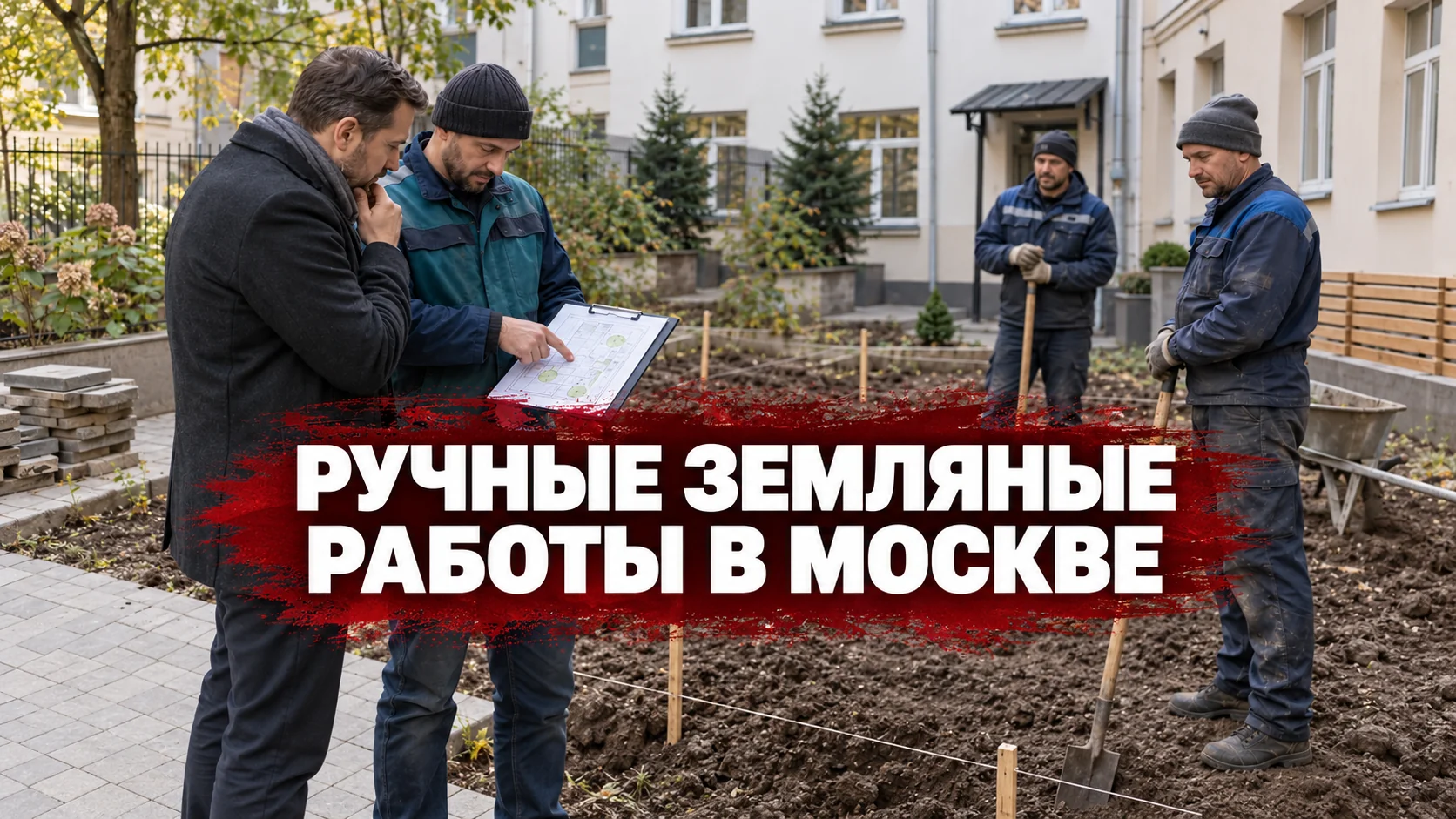 Заказчик и координатор обсуждают земляную задачу на городском участке; концептуальная иллюстрация