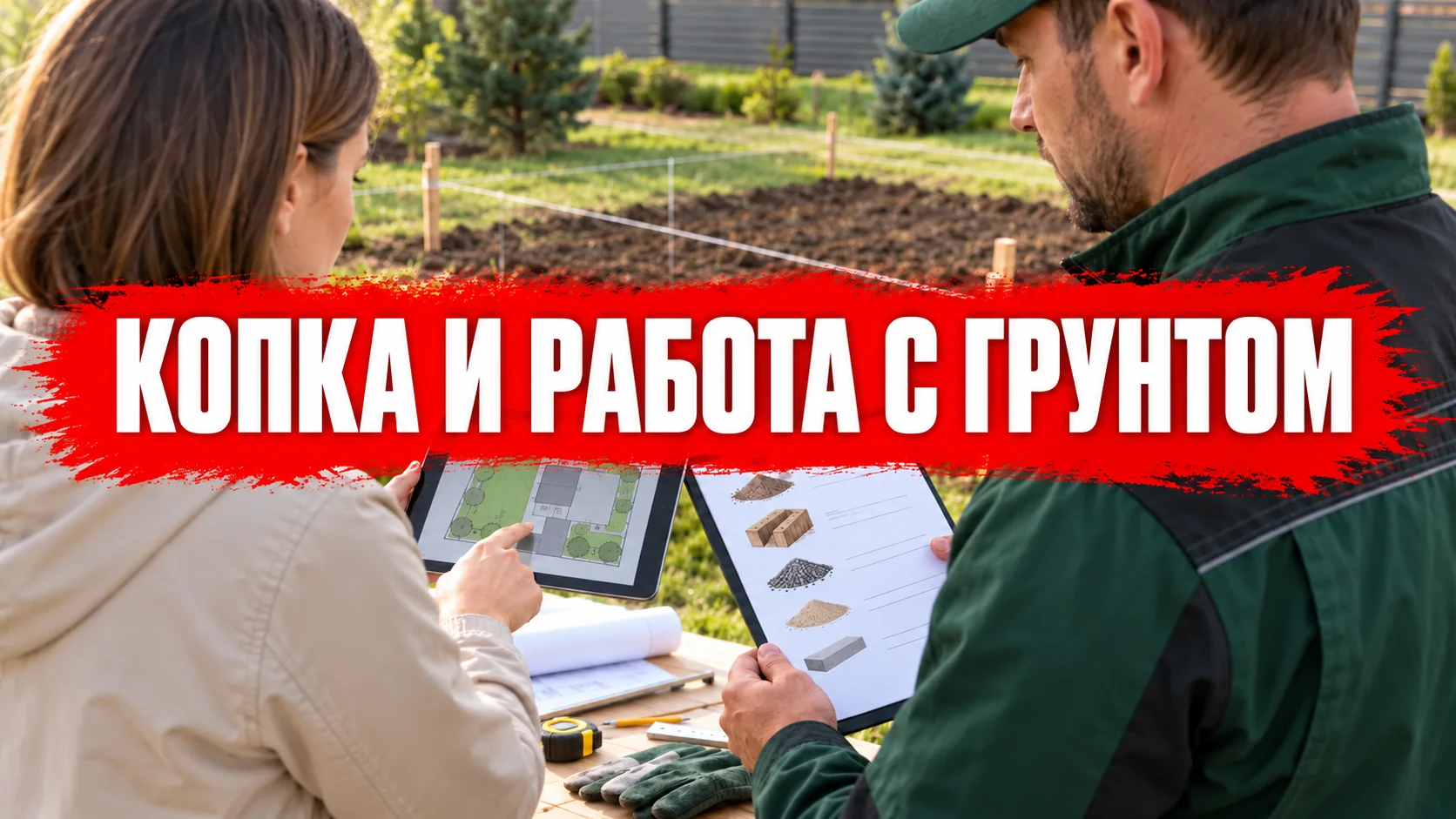 Заказчик и координатор сверяют план участка и смету перед расчётом земляных работ, концептуальная иллюстрация