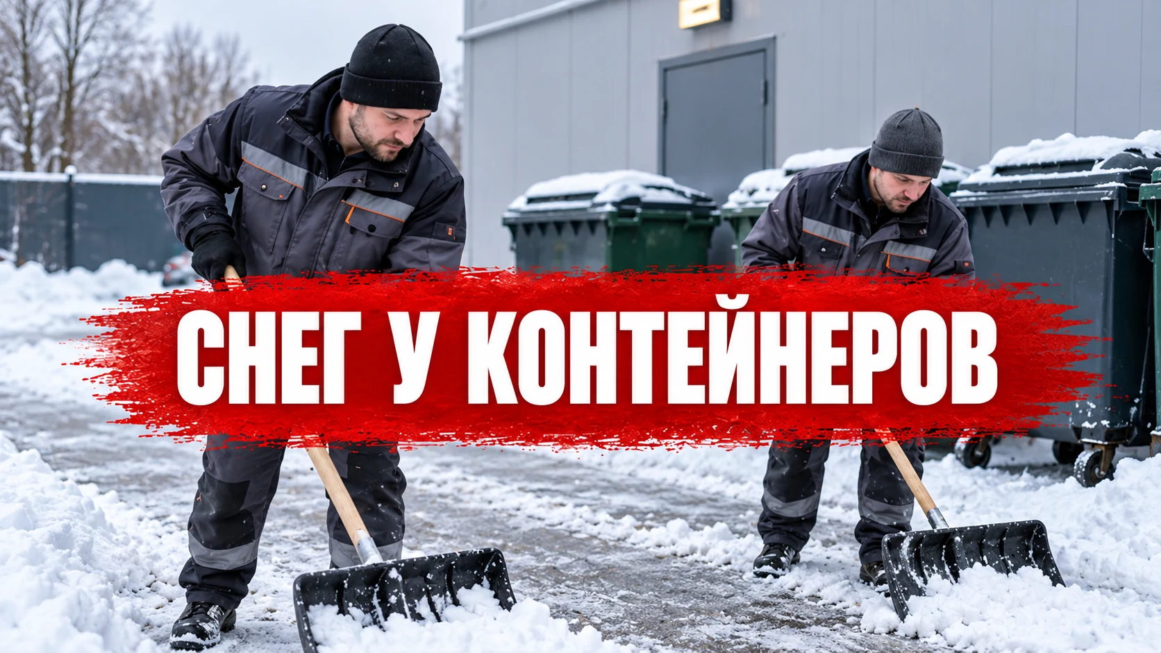Двое рабочих расчищают снег перед закрытыми контейнерами у служебного здания; концептуальная иллюстрация