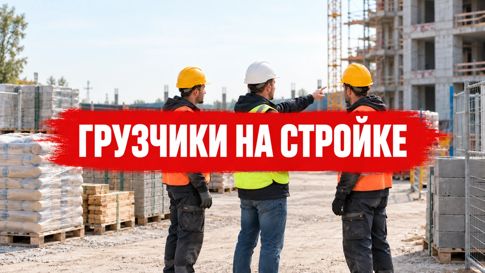 Обложка «Грузчики на строительном объекте: задачи и состав смены»: концептуальная иллюстрация с названием по центру