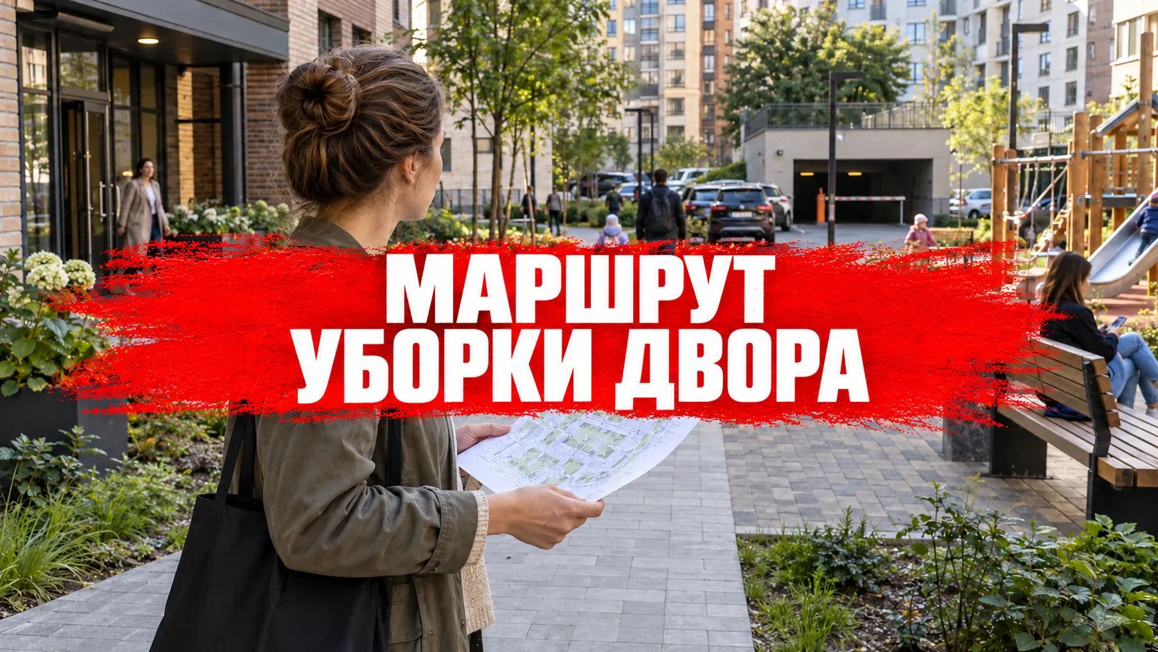 Координатор рассматривает план двора и оценивает используемые жильцами зоны, концептуальная иллюстрация