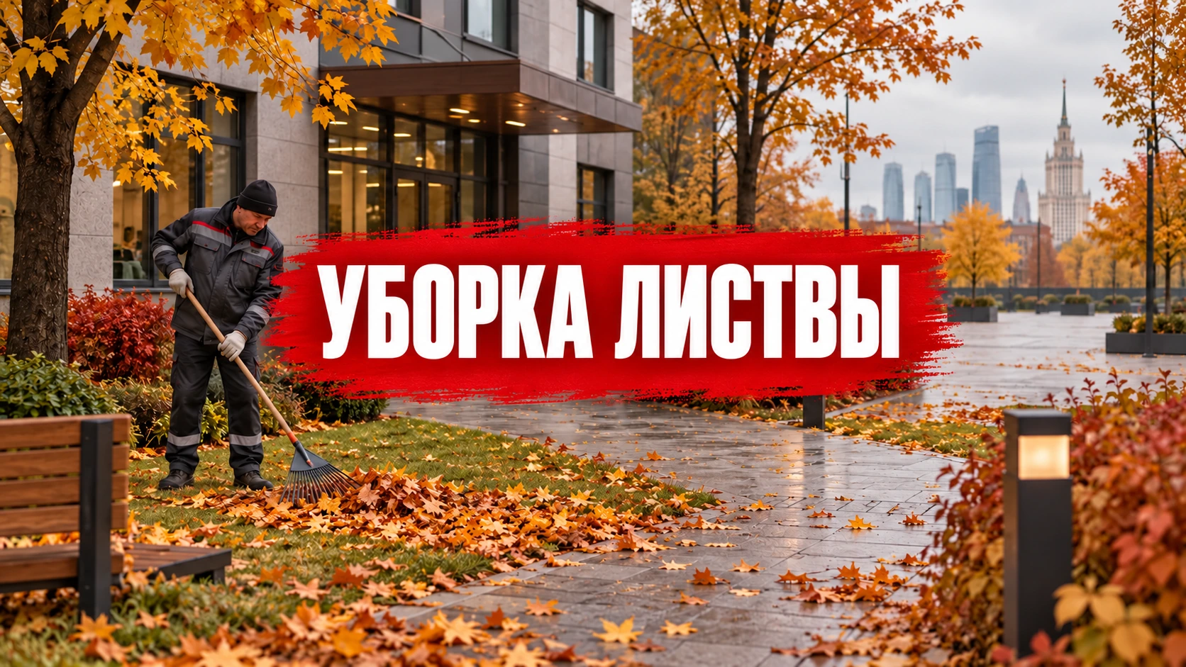 Обложка «Уборка листвы: вручную или с техникой, когда нужна бригада»: концептуальная иллюстрация с названием по центру