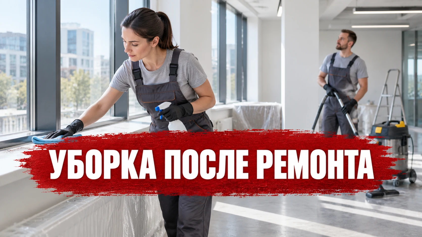 Уборщица очищает подоконник в помещении после ремонта; заголовок расположен по центру обложки