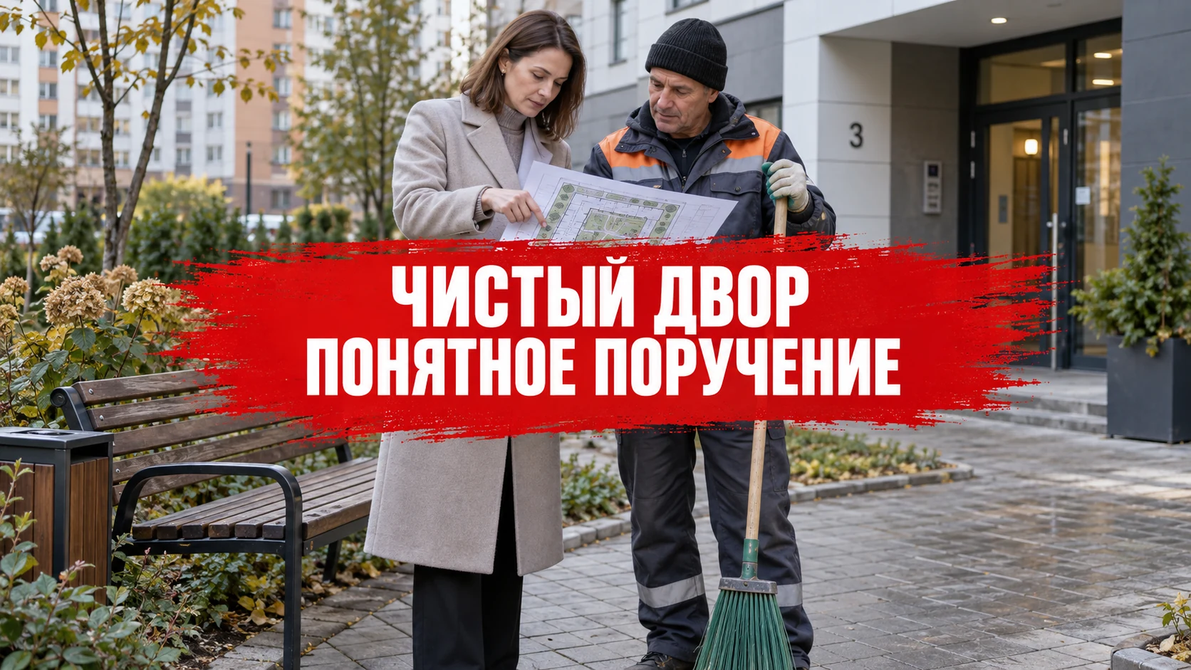 Управляющая и рабочий обсуждают схему двора; заголовок об уборке расположен по центру красной плашки