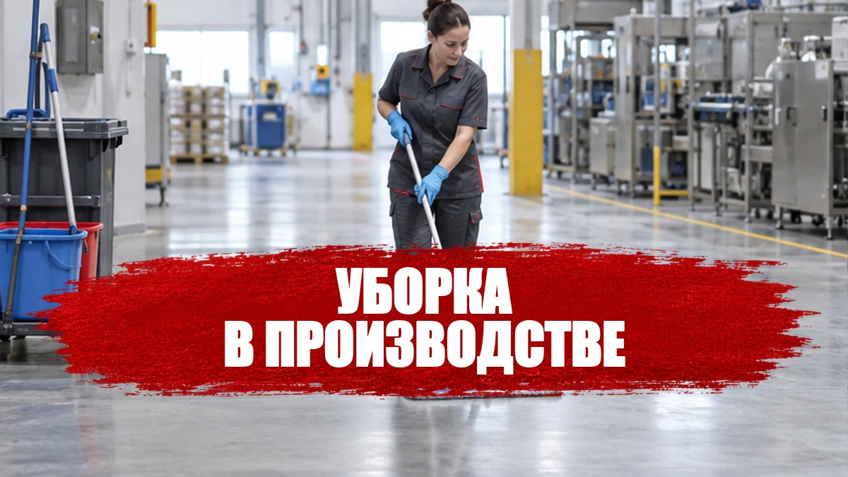 Уборщица очищает проход в производственном помещении