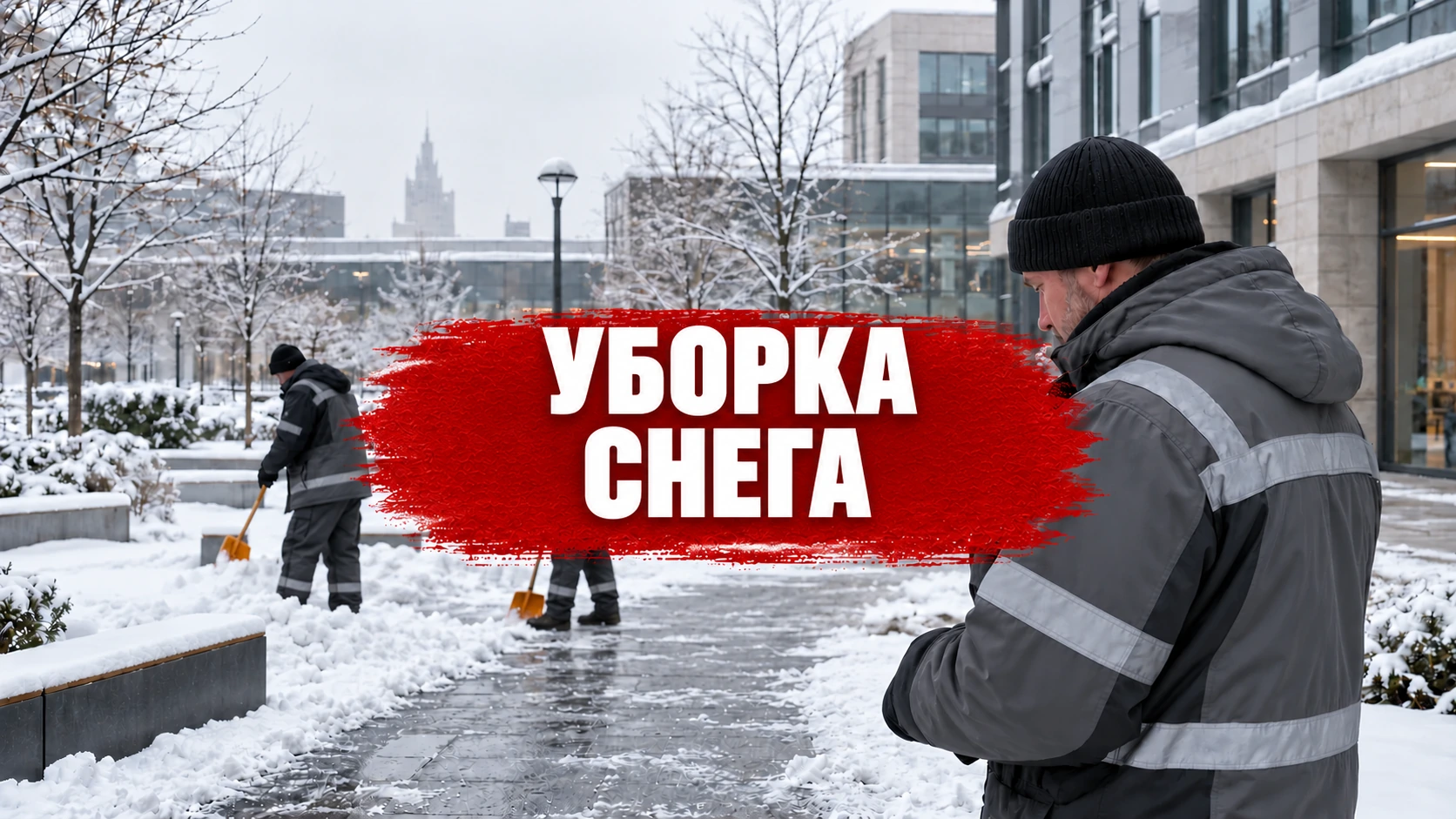 Концептуальная зимняя уборка городской территории; по центру надпись «Уборка снега».