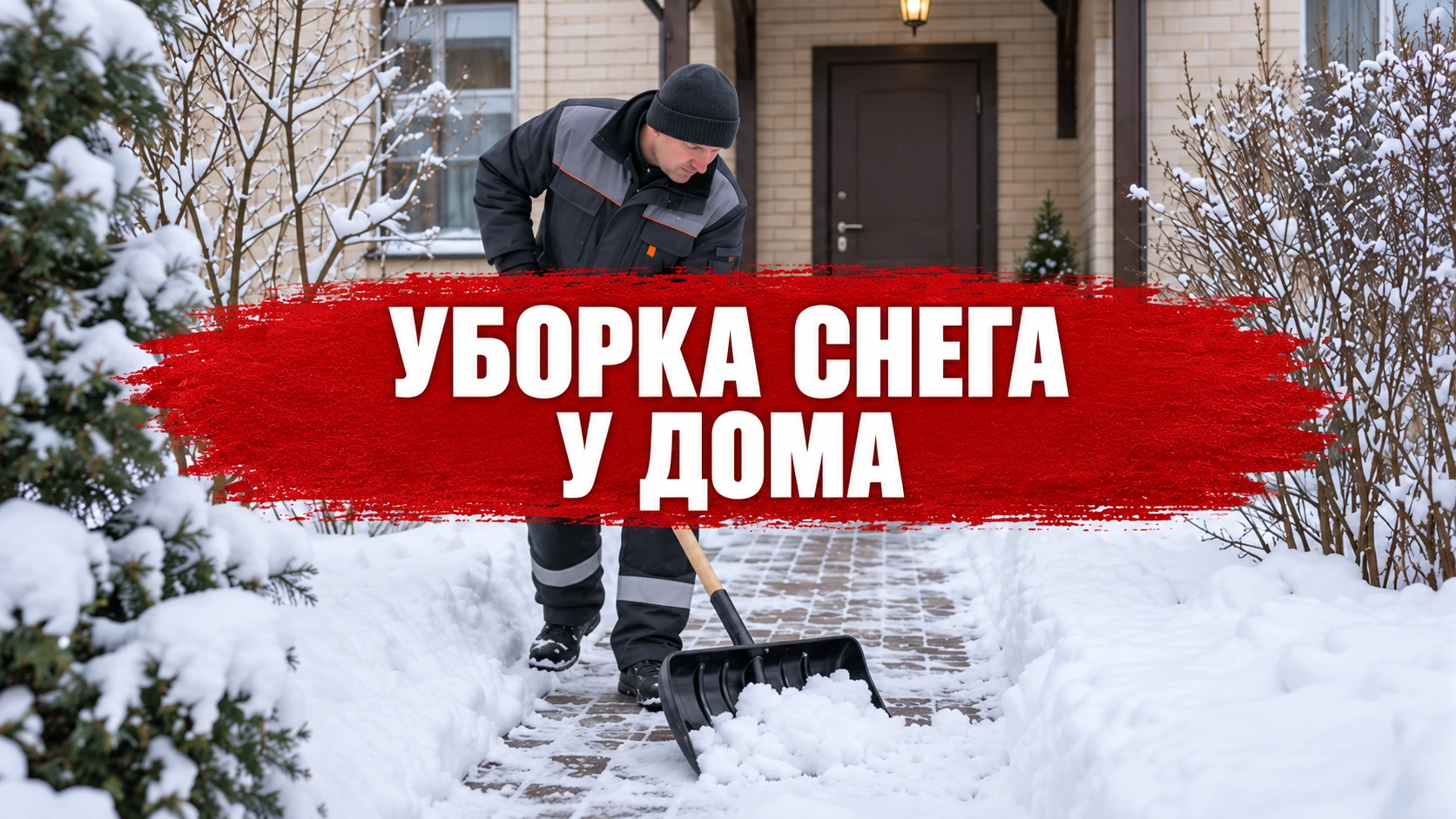 Уборка снега у дома: рабочий расчищает дорожку к крыльцу