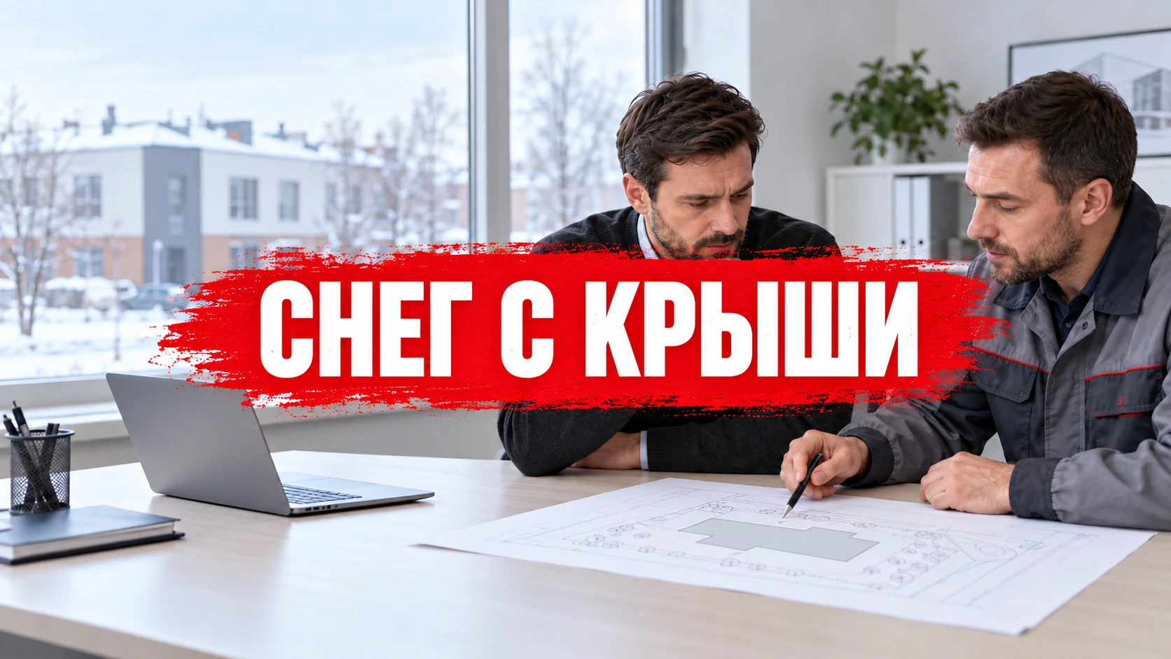 Представитель здания и исполнитель обсуждают план очистки крыши; заголовок «Снег с крыши» расположен по центру