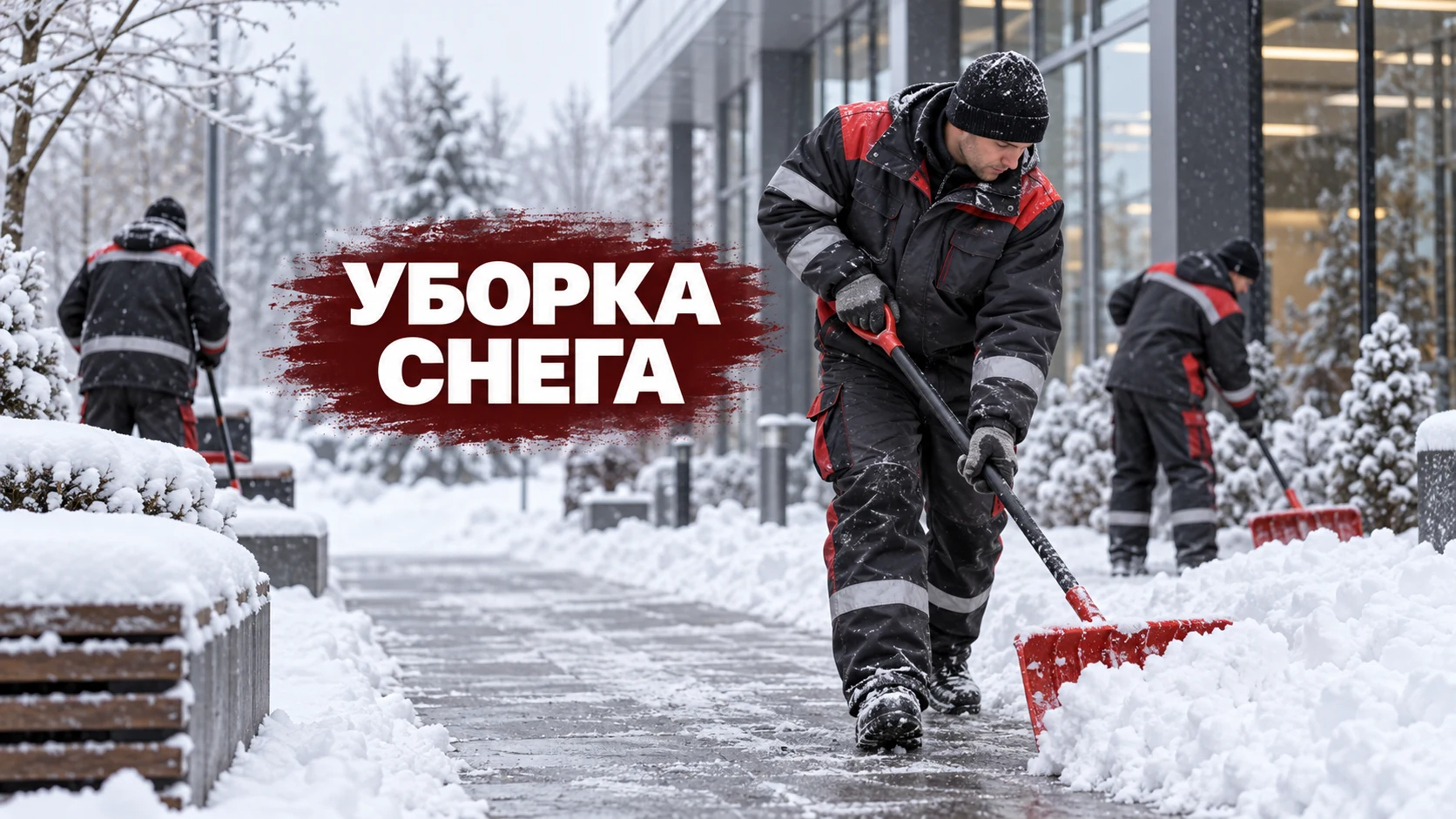 Обложка статьи: рабочие вручную очищают территорию от снега