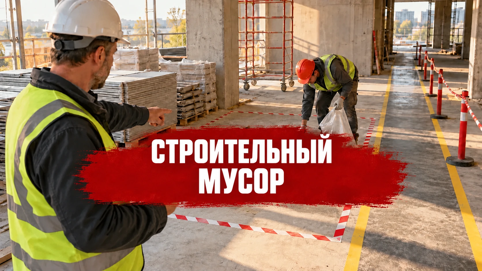 Концептуальная иллюстрация уборки на строительной площадке; по центру надпись «Строительный мусор».