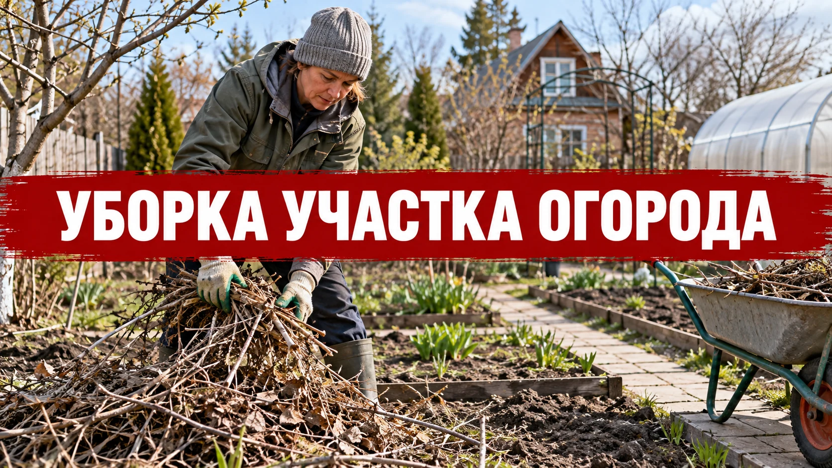 Владелец огорода собирает сухие стебли и ветки с участка перед началом сезона