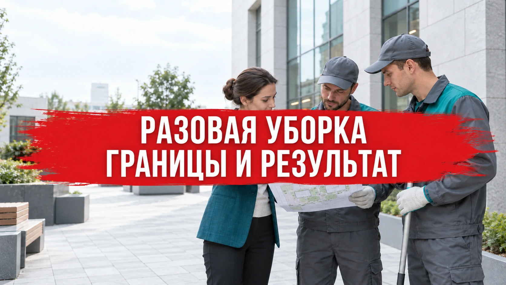 Заказчик и бригада обсуждают план разовой уборки территории; заголовок о границах и результате расположен по центру красной плашки