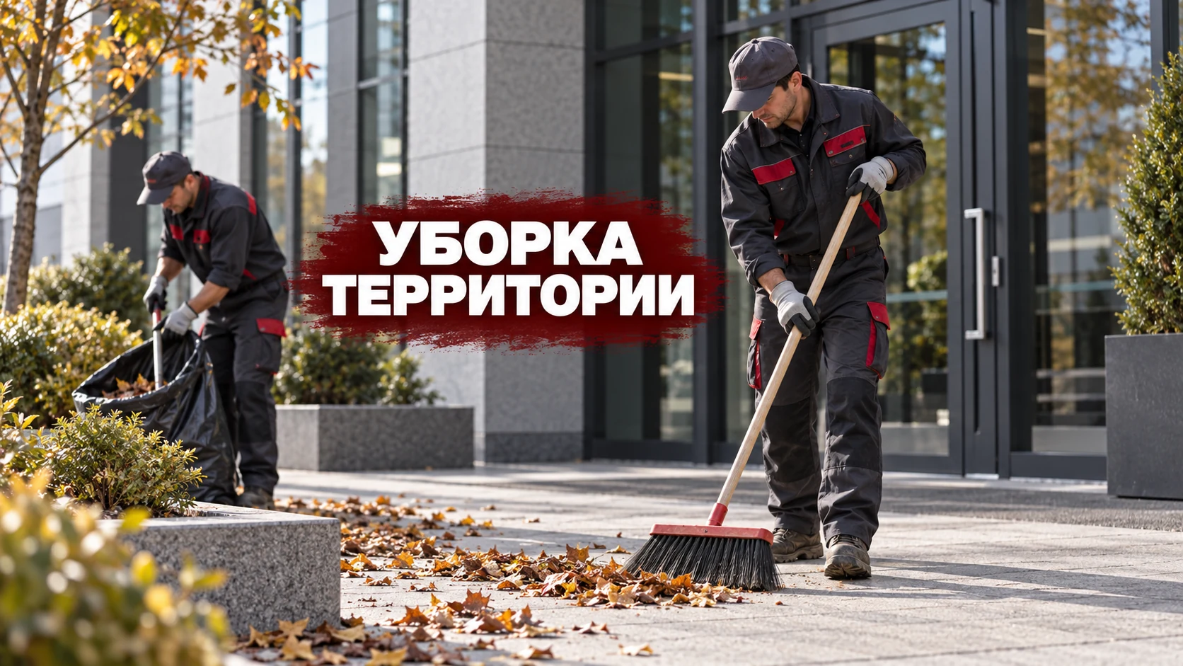 Обложка статьи об уборке территории: рабочие очищают входную площадку коммерческого здания