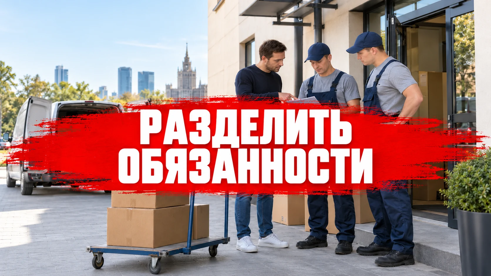 Заказчик и бригада грузчиков обсуждают перечень работ у коммерческого помещения, концептуальная иллюстрация