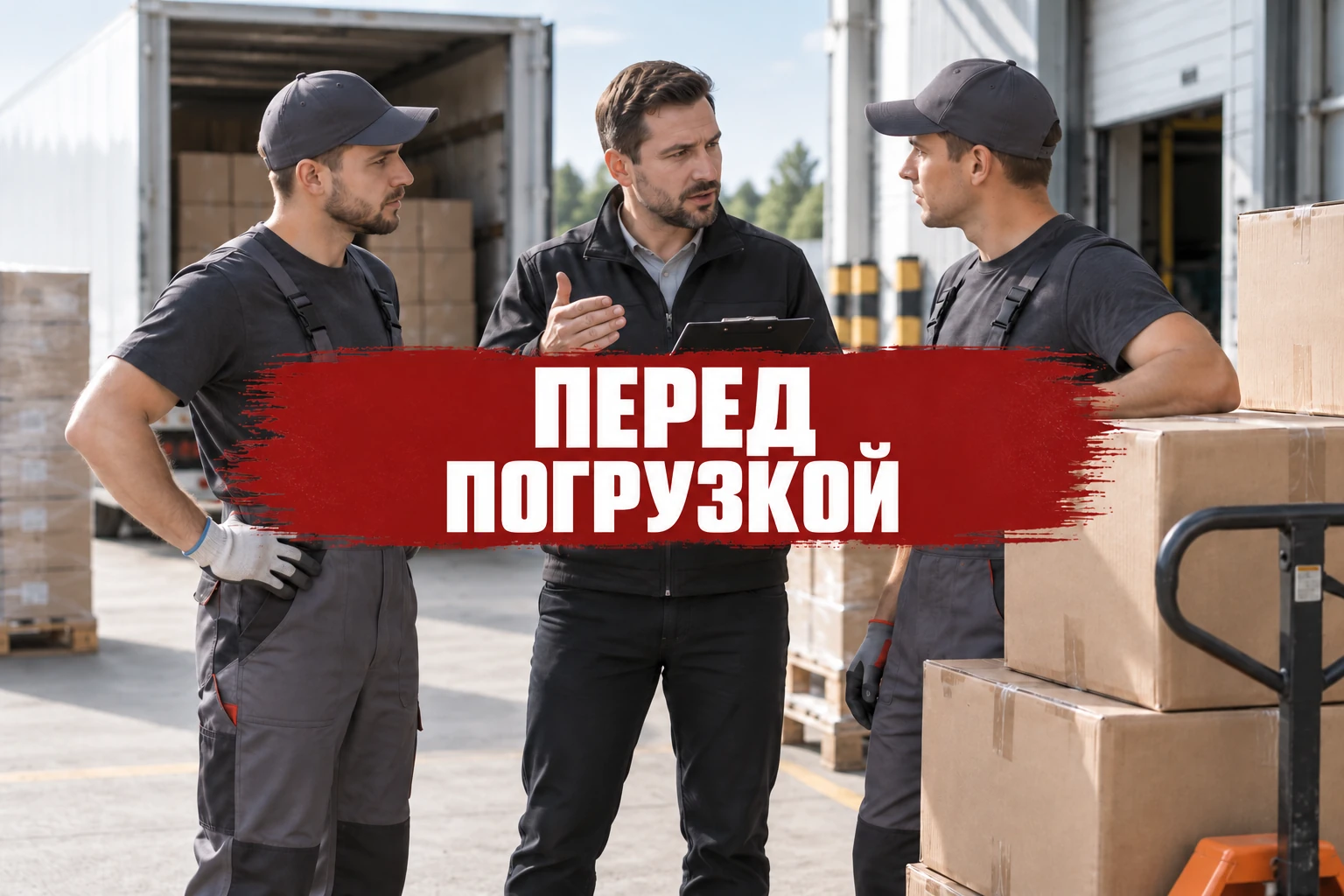 Координатор и рабочие обсуждают погрузку коробок у зоны отправки