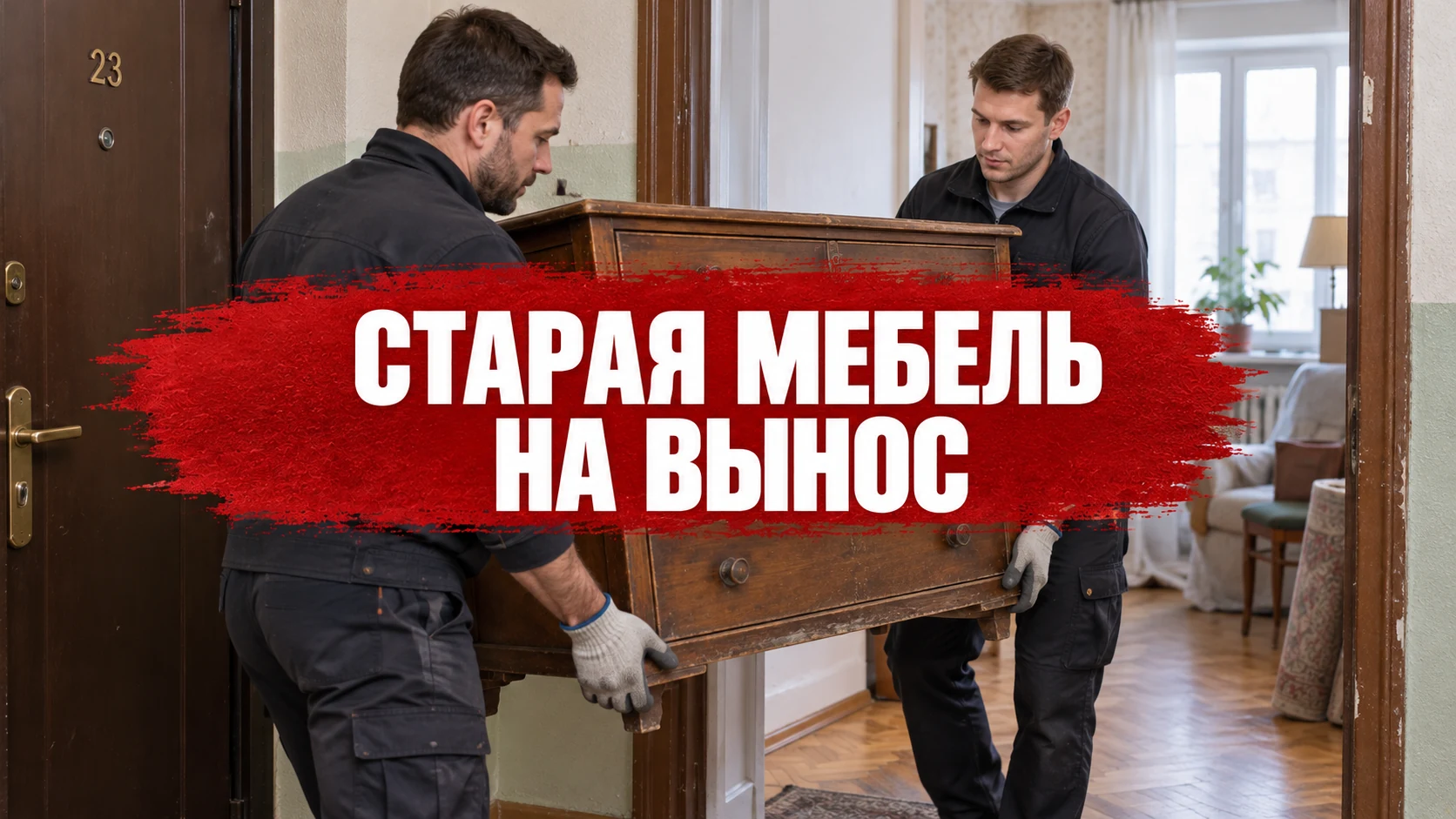 Два грузчика выносят старый комод через дверной проём; по центру красный мазок с белой надписью СТАРАЯ МЕБЕЛЬ НА ВЫНОС. Концептуальное изображение.