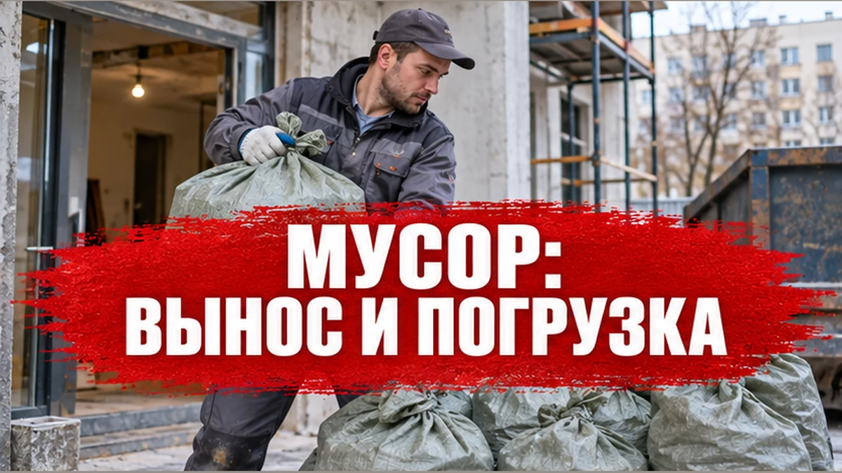 Обложка «Вывоз строительного мусора с грузчиками»: рабочий передаёт мешок к зоне загрузки, на центральной красной кистевой полосе белый заголовок. Концептуальная иллюстрация.