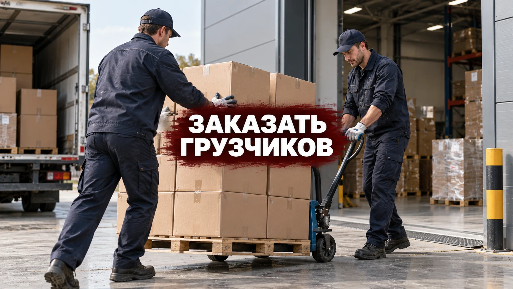 Двое грузчиков перемещают коробки на тележке у коммерческого здания