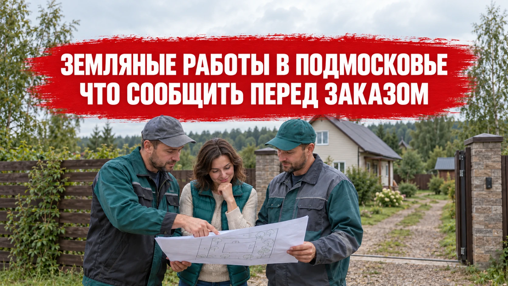 Заказчик и рабочие обсуждают план участка; заголовок о заявке на земляные работы в Подмосковье расположен по центру красной плашки