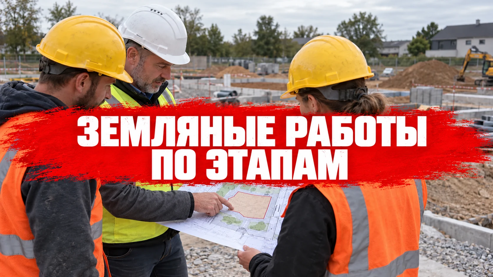 Представитель строительного объекта и рабочие обсуждают этапы земляных работ по плану; концептуальная иллюстрация